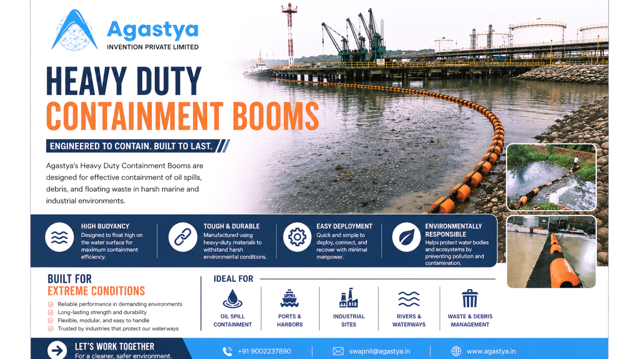 Agastya Heavy Duty Containment Boom installed for oil spill containment and floating waste control in an industrial waterway
