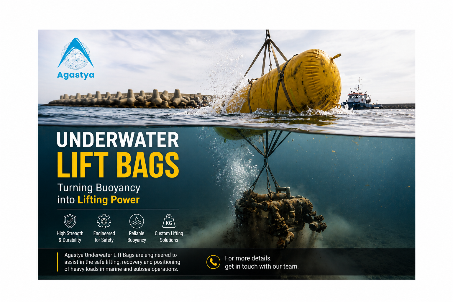 Underwater lift bag lifting submerged equipment during a marine salvage operation