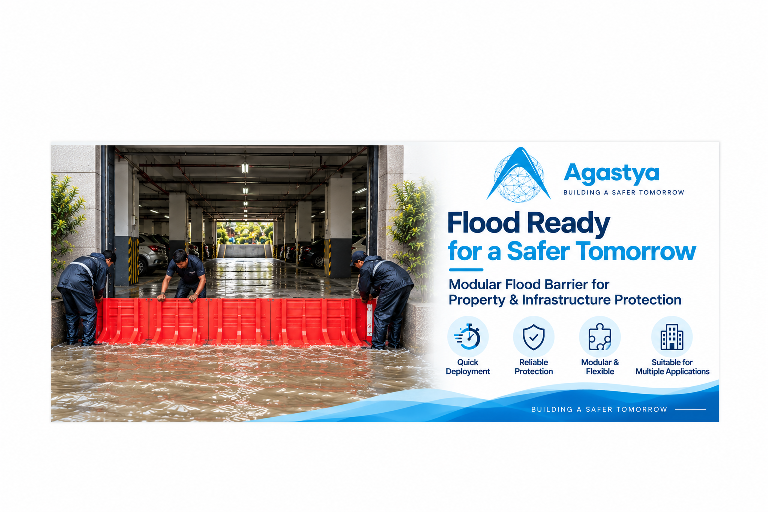 Modular flood barrier installed at a property entrance to protect infrastructure from floodwater