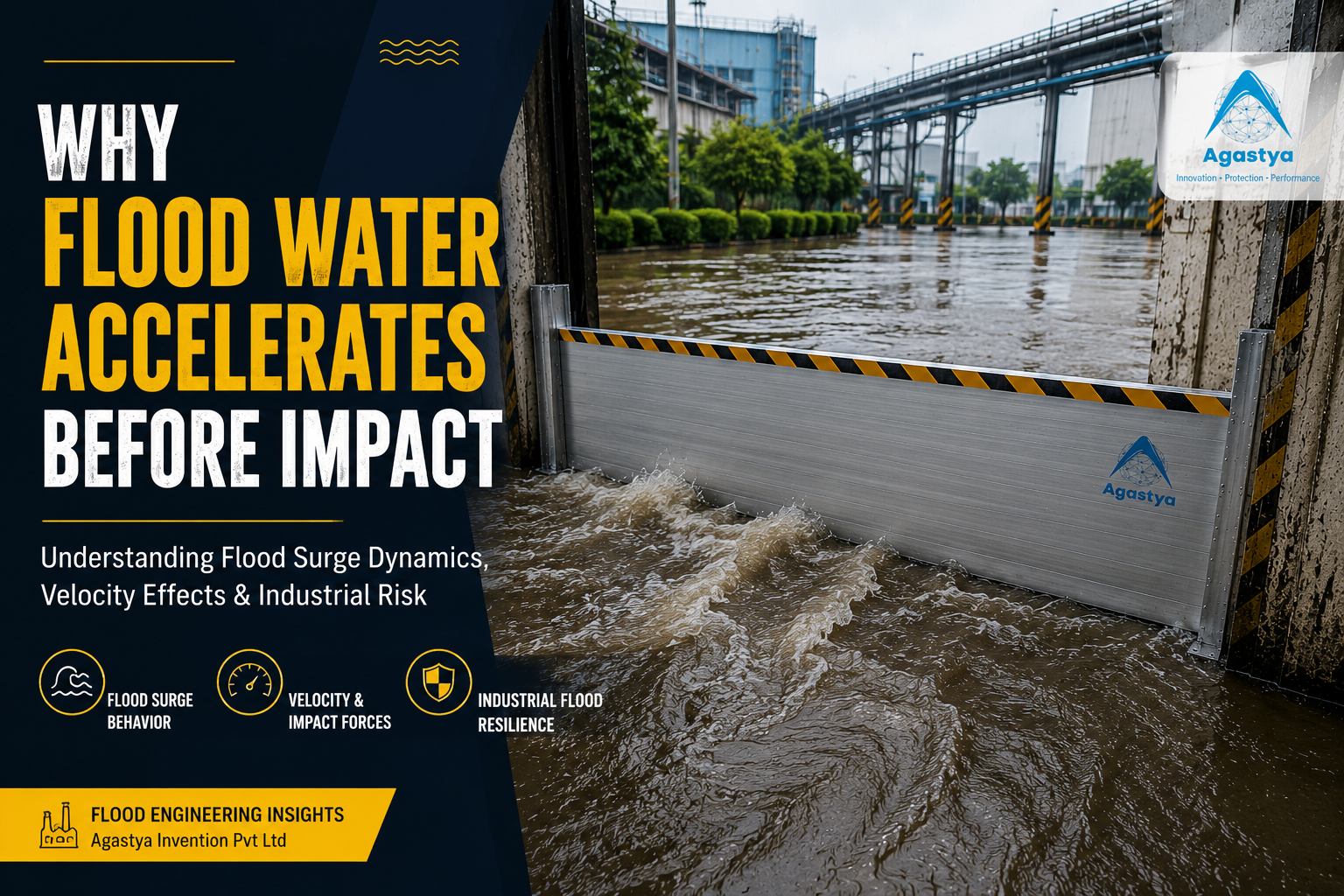 Why flood water accelerates before impact - Agastya aluminium flood barrier protecting an industrial facility during a flood surge event