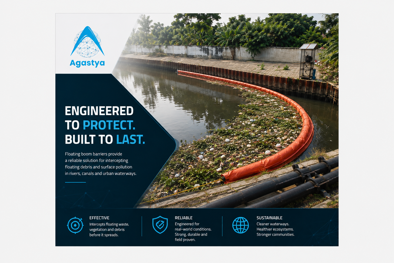 Floating boom barrier intercepting plastic waste and floating debris in an urban waterway