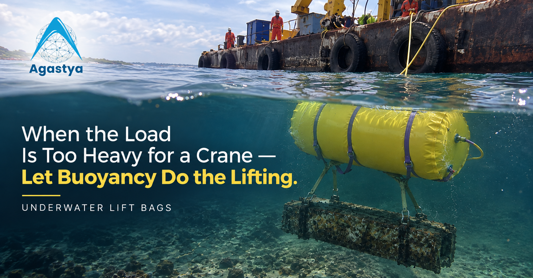 Agastya underwater lift bag lifting a submerged load during marine salvage operation