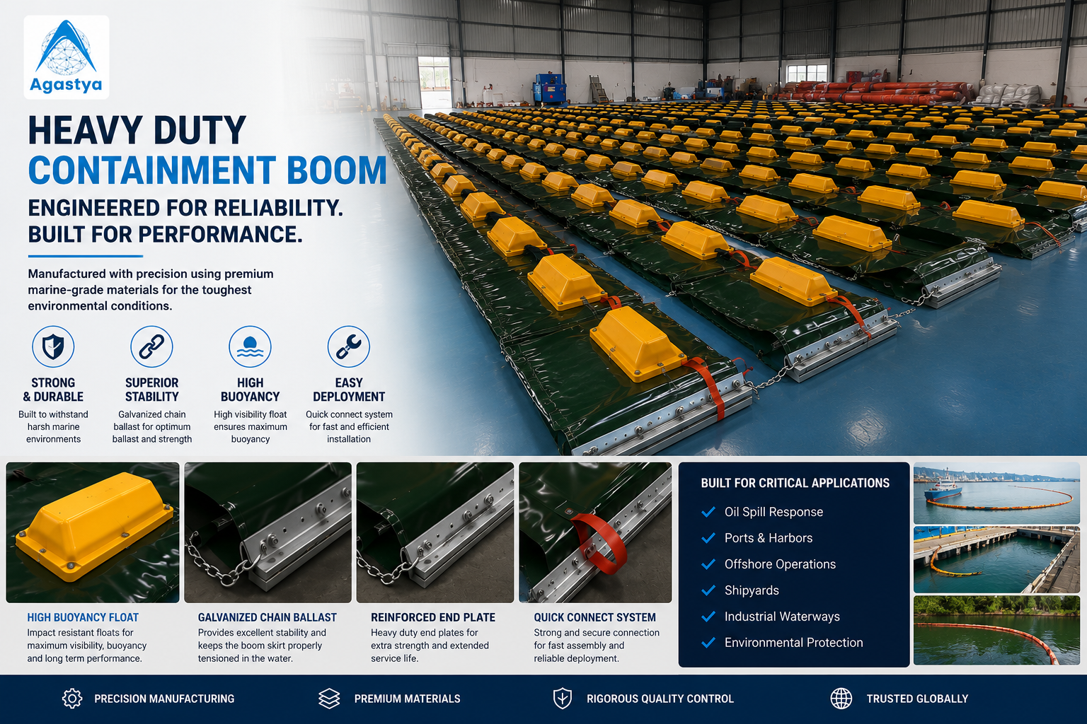 Heavy Duty Containment Booms under production at Agastya Invention Pvt. Ltd. manufacturing facility featuring marine-grade PVC barriers, flotation modules, galvanized ballast chains, and reinforced end connectors.