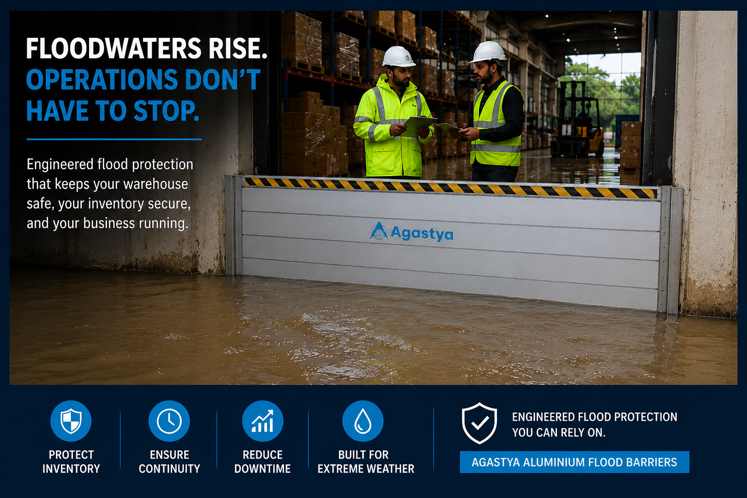 Warehouse flood protection using Agastya aluminium flood barrier at a loading dock