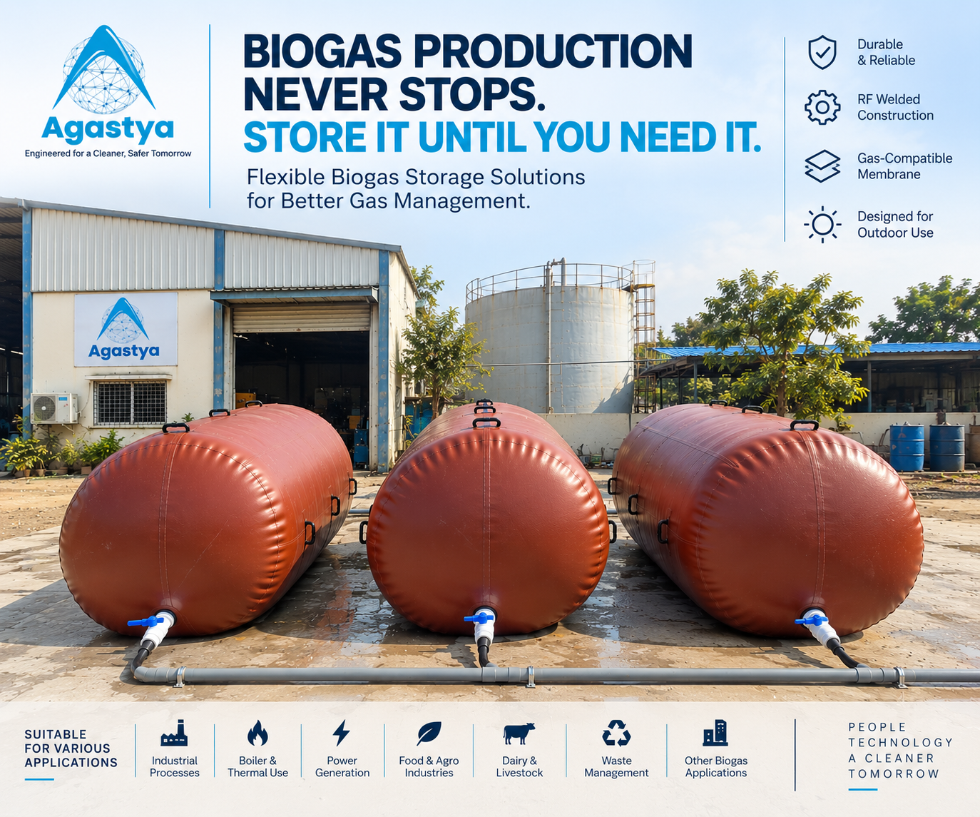 Agastya flexible biogas storage balloon with RF welded seams and inlet outlet valves